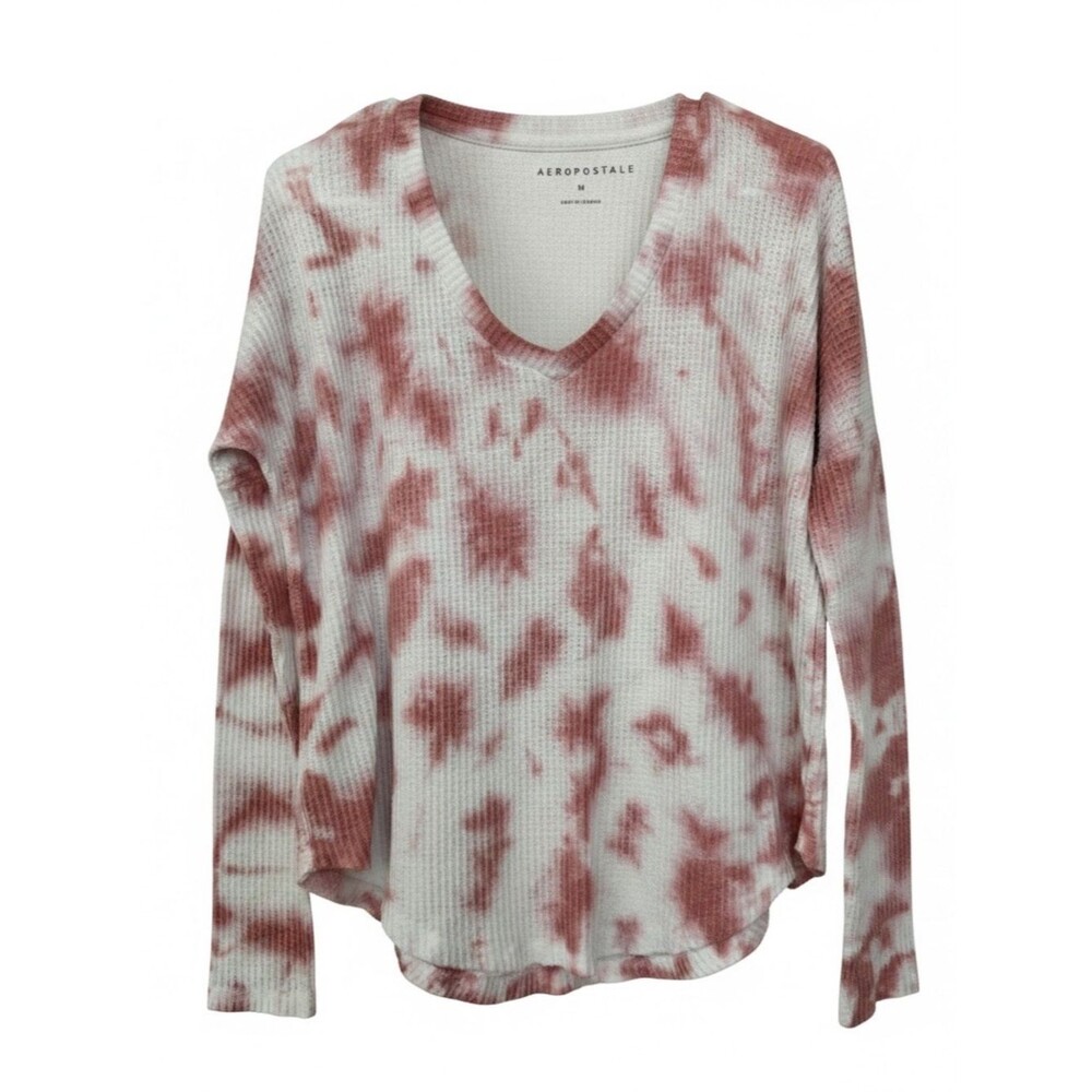 Aeropostale Women’s Pink and White Tie-Dye Waffle V-Neck Top - Size M